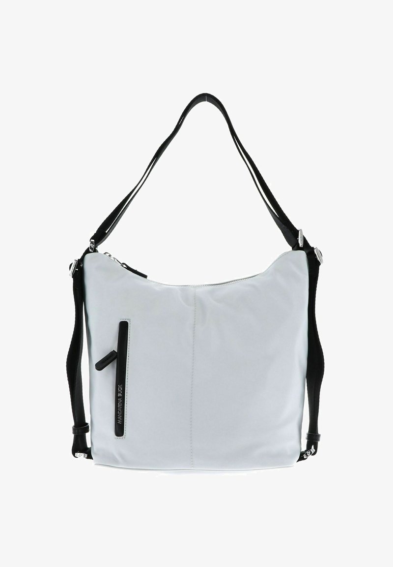 Sac à épaule synthétique blanc avec une texture lisse, des accents noirs et une poche zippée à l'avant. Équipé de bretelles noires réglables.