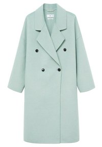 Manteau en laine vert clair à double boutonnage avec de larges revers et des boutons noirs, manches longues et longueur mi-hauteur.