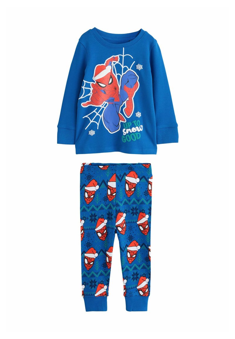 Pigiama blu a maniche lunghe per bambini con Spider-Man che indossa un cappello di Babbo Natale, design a ragnatela, fiocchi di neve e la scritta "Up to snow good", pantaloni abbinati con facce di Spider-Man.