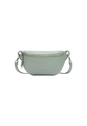 Borsa a tracolla in pelle verde chiaro con chiusura a zip, forma curvata, tracolla regolabile e dettagli in metallo argentato. Design minimalista.