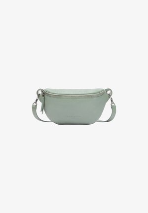 Light green leather crossbody bag with a zip closure, curved shape, adjustable strap, and silver hardware details. Minimalist design.
