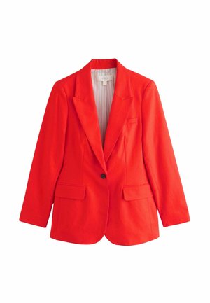 Rode blazer met enkele knoop, notch-revers, twee klepzakken aan de voorkant en een lichte gestreepte voering, weergegeven tegen een witte achtergrond.