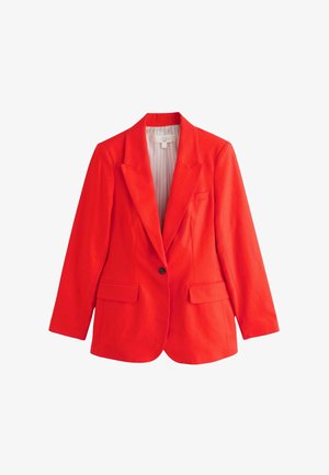 Roter Blazer mit einem Knopf, Notch-Revers, zwei vorderen Pattentaschen und hellem gestreiftem Innenfutter, gezeigt vor weißem Hintergrund.
