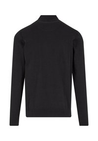 Cárdigan negro con mangas largas, cuello y puños acanalados, textura suave y diseño ajustado. Sin patrones ni acentos visibles.