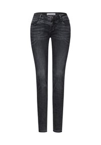 Kapelean farkkuhousut tummanharmaasta denimpuvusta, jossa on sileä tekstuuri, viisi taskua, edessä nappikiinnitys ja hienot haalistumiset.