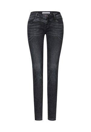 Jeans skinny in denim grigio scuro con una texture liscia, cinque tasche, chiusura frontale con bottone e dettagli di sbiadimento sottili.