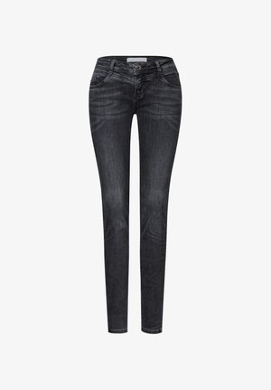 Slanke jeans i mørkegrå denim med en glat tekstur, fem lommer, forknaplukning og diskrete falmede detaljer.