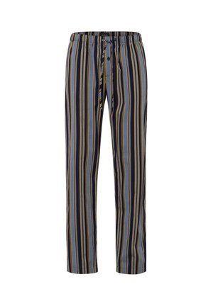Pantalons de sommeil rayés avec des bandes verticales bleues, navy et jaunes. Fabriqués en tissu doux avec une taille élastique et un détail de bouton.