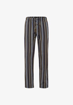 Pruhované spací kalhoty s vertikálními pruhy v modré, námořnické a žluté barvě. Vyrobeny z měkké látky, mají elastický pas a detail s knoflíkem.