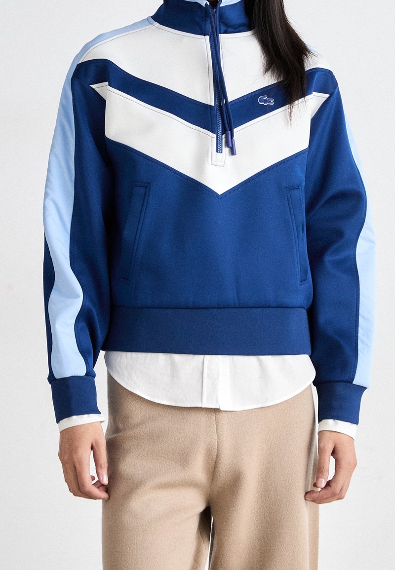Personne portant un sweat-shirt à fermeture éclair quart bleu et blanc avec un motif chevron sur une chemise blanche et un pantalon beige.