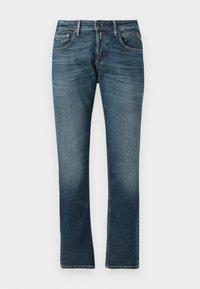 Blue denim jeans with a straight leg fit, faded wash, five-pocket design, and contrasting stitching. Button and zip fly closure.