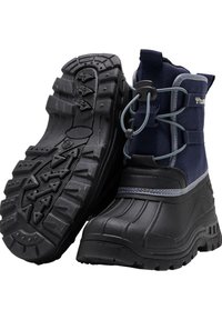 Marine sneeuwlaarzen met rubberen zolen, gestructureerde loopzolen en elastische veters. Voorzien van een gewatteerde kraag en een waterdichte bovenkant voor koude weersomstandigheden.