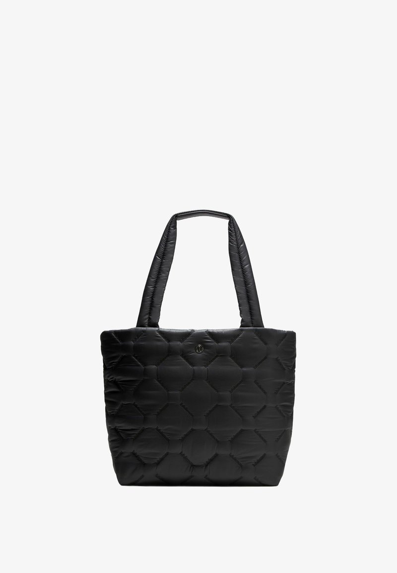 Crni prešani torba s heksagonalnim uzorkom, s dva čvrsta drška i detaljom loga sprijeda, izrađena od laganog materijala.