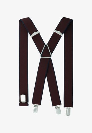 Burgunderfarbene elastische Hosenträger mit blauen Kanten, ausgestattet mit silbernen Metallclips und einem dreieckigen Mittelverbinder für einen sicheren Halt.