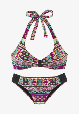 Bikini-Set mit mehrfarbigen geometrischen Mustern in Lila, Türkis und Schwarz. Neckholder-Oberteil mit Bindeträgern und verstellbarem Unterband.