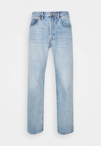 Ljusblå rak-låg denim jeans med framfickor, bältesöglor och knäppning med knapp och dragkedja.