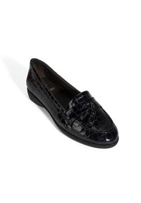 Schwarzer Lackleder-Loafer mit Krokodilstruktur, abgerundeter Spitze, kleinen Schleifendetail auf dem Blatt und niedrigem, gepolstertem Absatz.