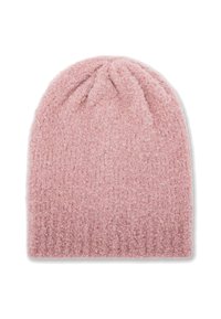 Gorro rosa suave y texturizado con la parte superior ligeramente arrugada, exhibido sobre un fondo blanco.