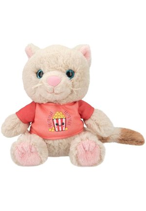 Gevuld kattenspeelgoed met beige vacht, roze accenten en blauwe ogen. Draagt een koraalkleurig shirt met een popcornafbeelding. Zacht, afgerond van vorm, in een zittende positie.
