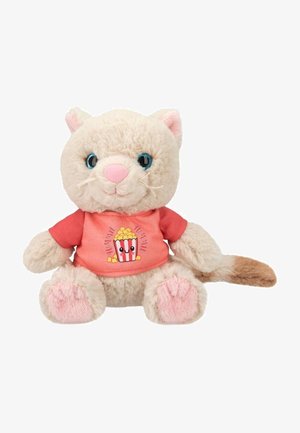 Gevuld kattenspeelgoed met beige vacht, roze accenten en blauwe ogen. Draagt een koraalkleurig shirt met een popcornafbeelding. Zacht, afgerond van vorm, in een zittende positie.