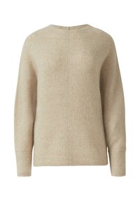 Beżowy sweter prążkowany wykonany z miękkiego materiału, z okrągłym dekoltem, długimi rękawami i dyskretnym zapięciem z tyłu, prezentujący strukturalny wzór.