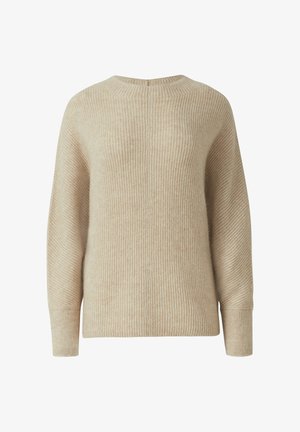 Beżowy sweter prążkowany wykonany z miękkiego materiału, z okrągłym dekoltem, długimi rękawami i dyskretnym zapięciem z tyłu, prezentujący strukturalny wzór.