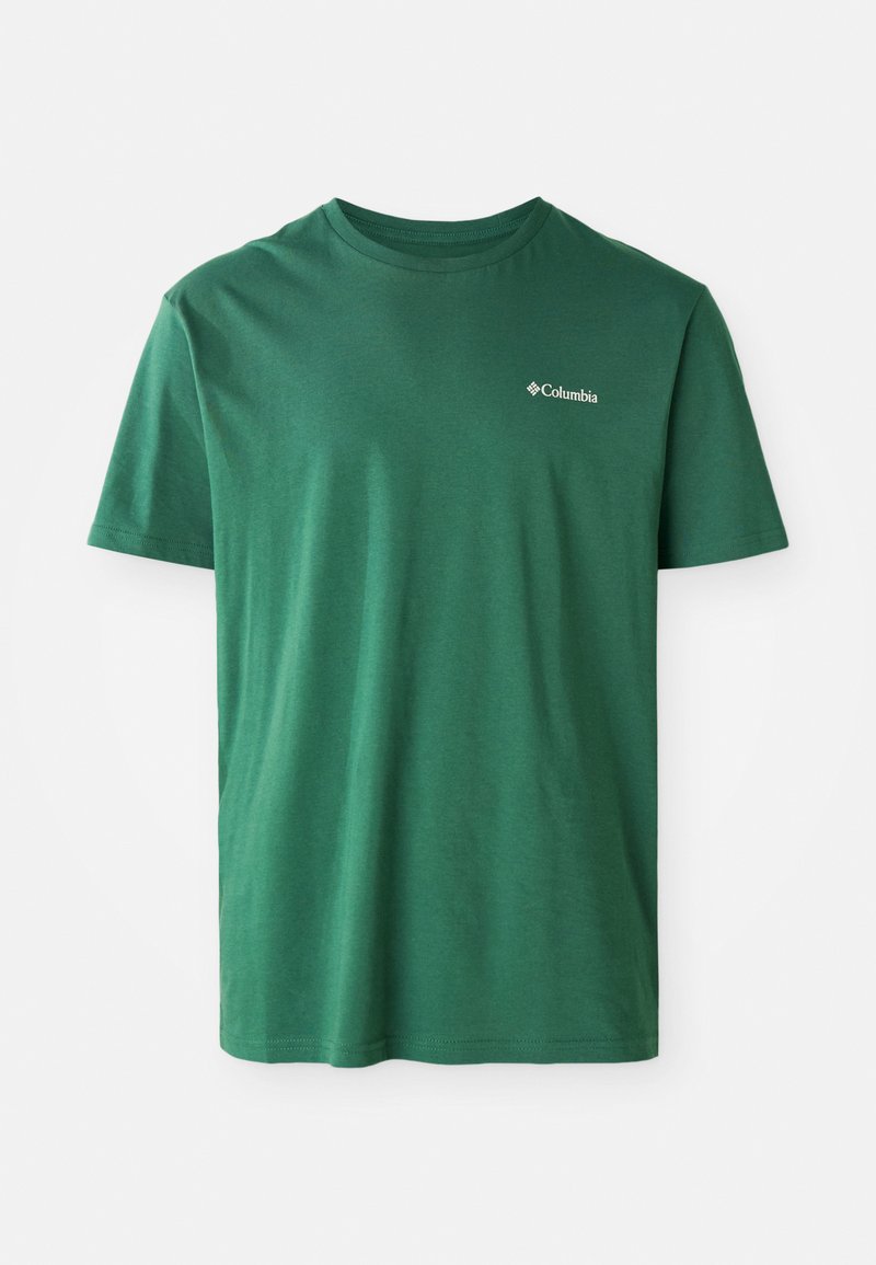 T-shirt verde in cotone con scollatura rotonda, maniche corte e un piccolo logo bianco Columbia sul petto. Tessuto morbido, design casual.