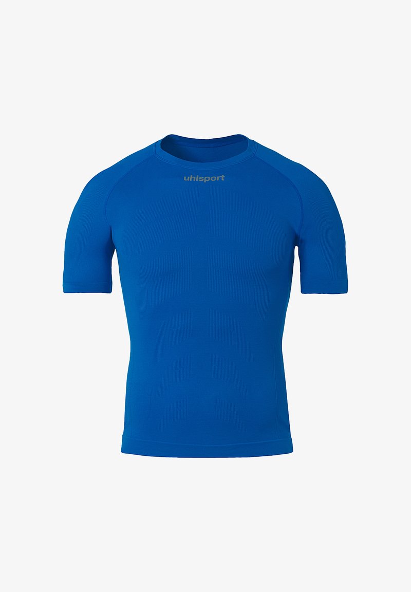 Blå atletisk skjorte med korte ærmer, med en rund halsudskæring og tekstureret stofmønster for åndbarhed. Brandlogo på brystet.