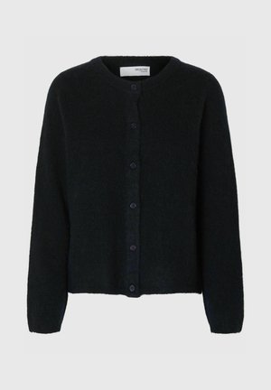 Temnozeleni cardigan iz teksturiranega materiala, z okroglo ovratnico, dolgimi rokavi in šestimi gumbi spredaj.
