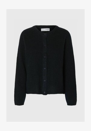 Cardigan vert foncé en matériau texturé, avec un col rond, des manches longues et six boutons sur le devant.