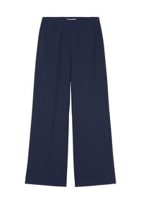 Pantaloni cu picioare largi din material bleumarin. Prezintă o textură netedă, două pliuri frontale și o închidere cu fermoar pe lateral. Design simplu și curat.