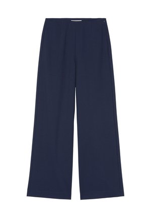 Pantaloni cu picioare largi din material bleumarin. Prezintă o textură netedă, două pliuri frontale și o închidere cu fermoar pe lateral. Design simplu și curat.