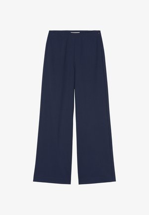 Weite Hosen aus navyfarbenem Stoff. Mit glatter Oberfläche, zwei vorderen Falten und einem seitlichen Reißverschluss. Einfaches, klares Design.