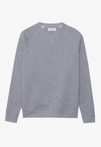 Sweat-shirt gris avec manches raglan, col rond et texture douce. Présente une petite étiquette de marque dans la zone du col.