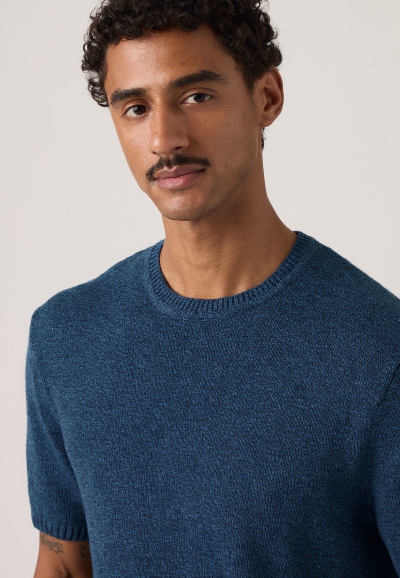 Mann mit lockigem Haar und Schnurrbart, der einen blauen kurzärmeligen Strickpullover trägt und leicht zur Kamera auf einem einfarbigen Hintergrund schaut.