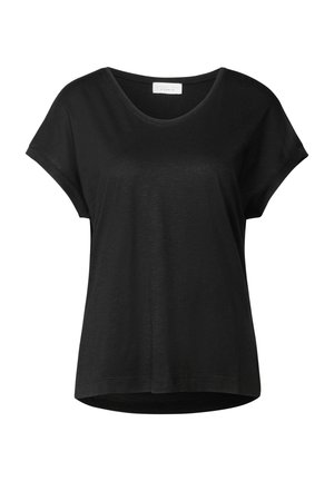 Camiseta negra de manga corta hecha de tejido suave, con escote redondeado, corte holgado y dobladillo recto. Diseño minimalista sin patrones.