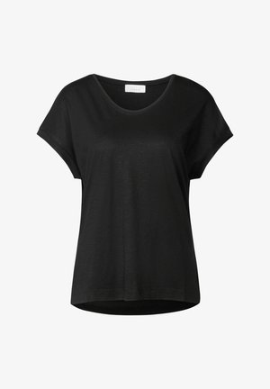 Camiseta negra de manga corta hecha de tejido suave, con escote redondeado, corte holgado y dobladillo recto. Diseño minimalista sin patrones.