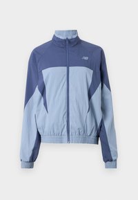 Blue and light blue windbreaker jacket, featuring a stand collar, elastic cuffs, and a logo on the upper left side. Lightweight fabric.
