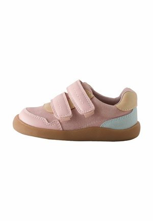 Pink toddler shoe with two hook and loop straps, tan and light blue accents, and a brown rubber sole.