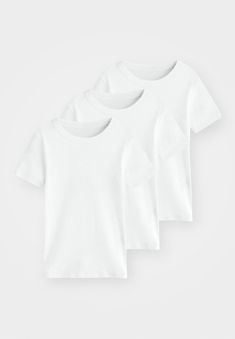 Białe bawełniane koszulki T-shirt w zestawie trzech, z krótkimi rękawami i okrągłym dekoltem, o gładkiej fakturze i klasycznym kroju.