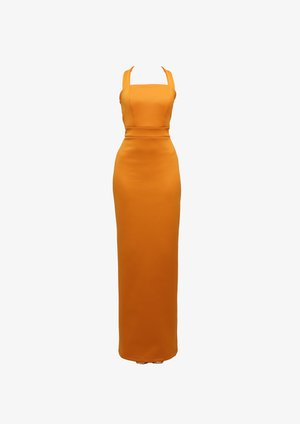 Orange, form-fitting maxi dress with wide shoulder straps and a structured bodice. Smooth texture with a solid pattern, floor-length design.