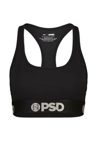 Musta urheilBrasia, jossa on urheilullinen takakaulus. Varustettu leveällä mustalla hihnalla, jossa on valkoinen "PSD"-logo. Valmistettu 79 % polyesteristä ja 21 % elastaanista.