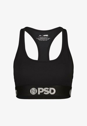Czarny stanik sportowy z plecami w stylu racerback. Posiada szeroki czarny pas z białym logo "PSD". Wykonany w 79% z poliestru i 21% z elastanu.