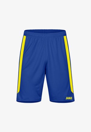 Pantaloni corti sportivi blu con un pannello laterale giallo in rete, cintura elastica e la parola "JAKO" stampata in giallo sul lato destro in basso.