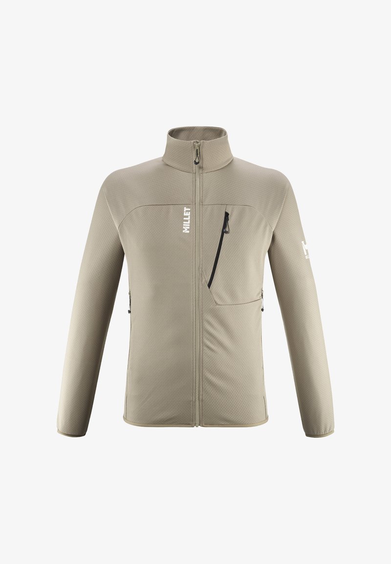 Veste en polaire gris clair avec un col montant, fermeture éclair devant et poche diagonale. Tissu texturé avec un branding minimaliste sur la poitrine.