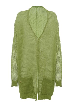 Cardigan léger à ouverture frontale en maille côtelée verte. Doté de manches longues, d'un col en V, de deux poches avant et d'une coupe décontractée.