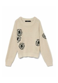 Maglione a maglia color crema con ricami floreali neri sul davanti, scollatura rotonda e spalle scese. Texture morbida e vestibilità corta.