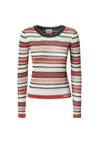 Geribbelde lange mouw trui met horizontale strepen in rood, groen, beige en blauw. Ronde halslijn en "PEPE JEANS" logo aan de onderkant.