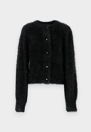Black, fuzzy cardigan with a round neckline and long sleeves. Features a button front with heart-shaped buttons. Cropped length.