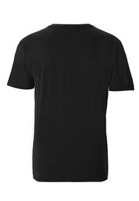 Black cotton t-shirt with short sleeves and a round neckline, featuring a smooth texture and a simple, classic design.